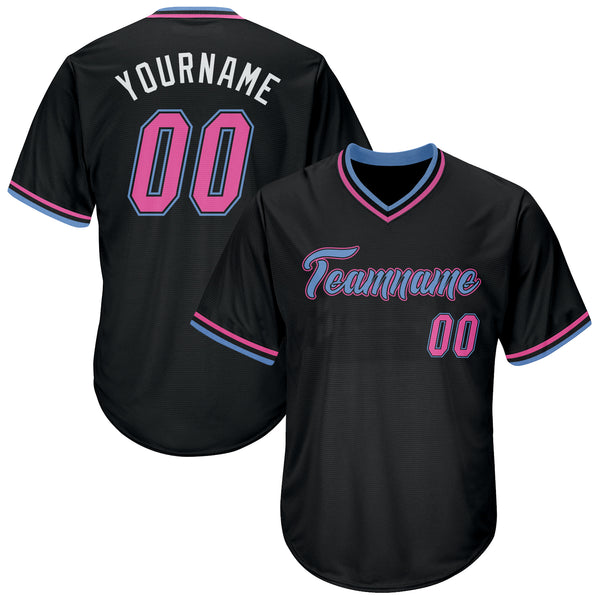 Custom Black Pink-Light Blue Authentic Throwback Rib-Knit Baseball Jersey Shirt Custom Black Pink-Light Blue Authentic Throwback Rib-Knit Baseball Jersey Shirt