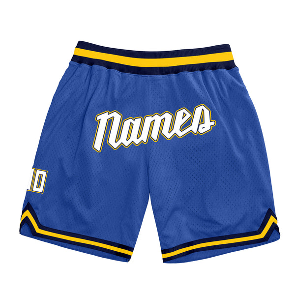 Custom Blue White-Gold Authentic Throwback Basketball Shorts Custom Blue White-Gold Authentic Throwback Basketball Shorts