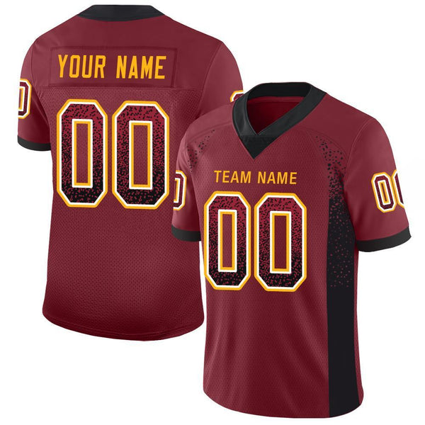 Custom Burgundy Black-Gold Mesh Drift Fashion Football Jersey Custom Burgundy Black-Gold Mesh Drift Fashion Football Jersey