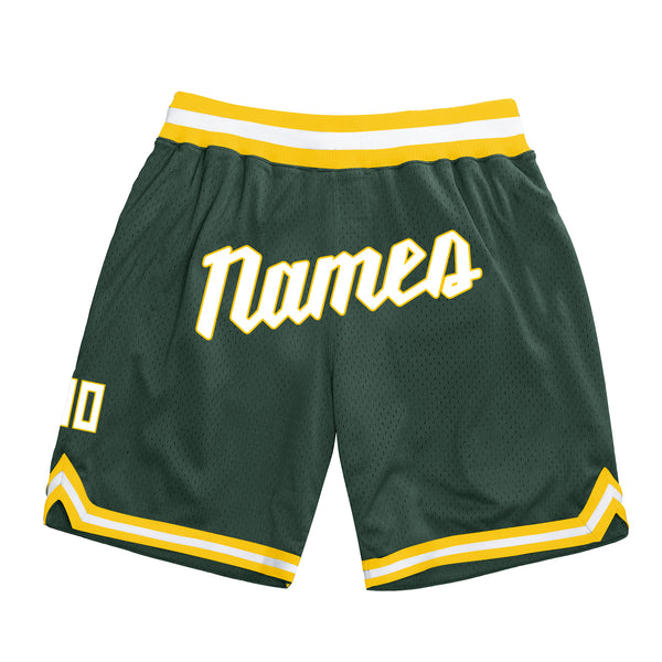 Custom Hunter Green White-Gold Authentic Throwback Basketball Shorts Custom Hunter Green White-Gold Authentic Throwback Basketball Shorts