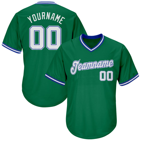 Custom Kelly Green White-Royal Authentic Throwback Rib-Knit Baseball Jersey Shirt Custom Kelly Green White-Royal Authentic Throwback Rib-Knit Baseball Jersey Shirt
