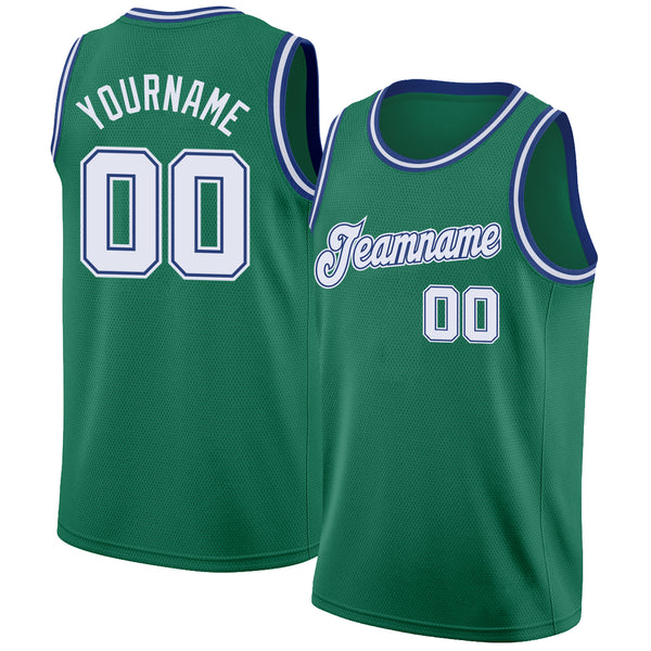 Custom Kelly Green White-Royal Round Neck Rib-Knit Basketball Jersey Custom Kelly Green White-Royal Round Neck Rib-Knit Basketball Jersey