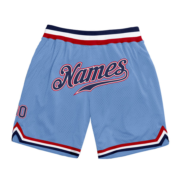 Custom Light Blue Navy-Red Authentic Throwback Basketball Shorts Custom Light Blue Navy-Red Authentic Throwback Basketball Shorts
