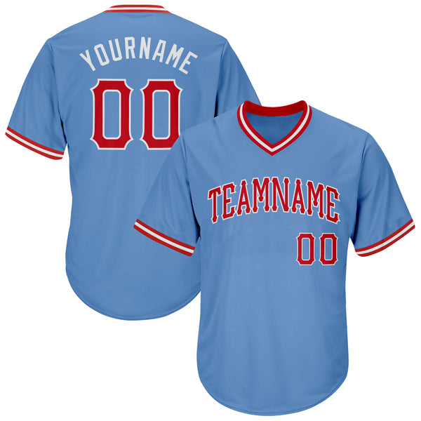 Custom Light Blue Red-White Authentic Throwback Rib-Knit Baseball Jersey Shirt Custom Light Blue Red-White Authentic Throwback Rib-Knit Baseball Jersey Shirt