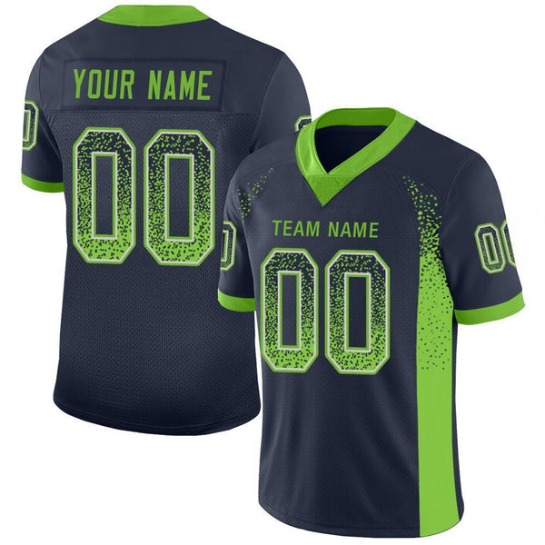 Custom Navy Neon Green-Gray Mesh Drift Fashion Football Jersey Custom Navy Neon Green-Gray Mesh Drift Fashion Football Jersey
