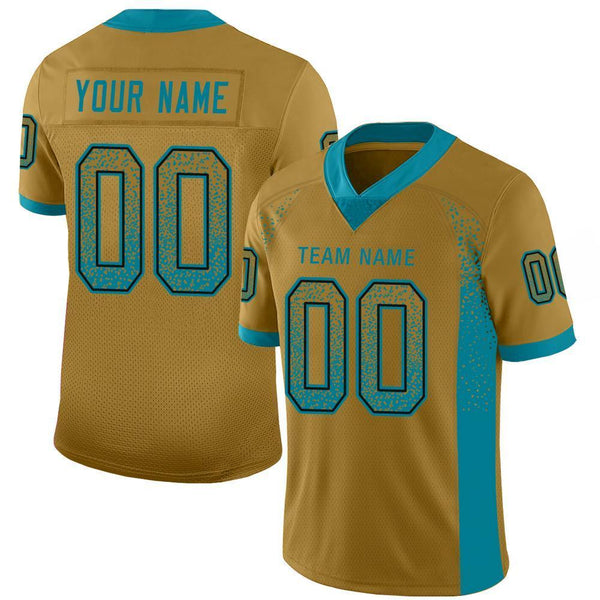 Custom Old Gold Teal-Black Mesh Drift Fashion Football Jersey Custom Old Gold Teal-Black Mesh Drift Fashion Football Jersey