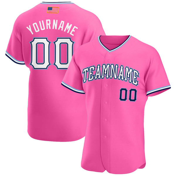 Custom Pink White-Light Blue Authentic American Flag Fashion Baseball Jersey Custom Pink White-Light Blue Authentic American Flag Fashion Baseball Jersey