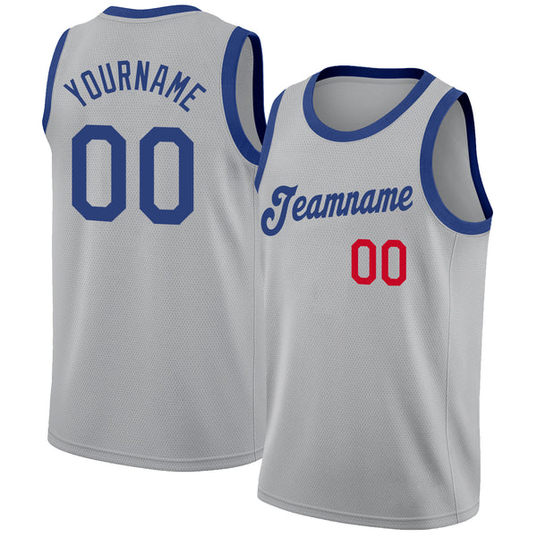 Custom Silver Gray Royal-Red Round Neck Rib-Knit Basketball Jersey