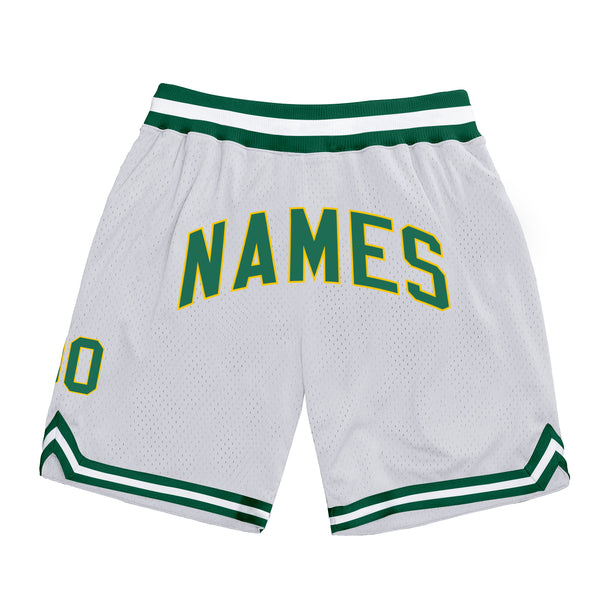 Custom White Kelly Green-Gold Authentic Throwback Basketball Shorts Custom White Kelly Green-Gold Authentic Throwback Basketball Shorts