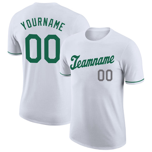 Custom White Kelly Green-Gray Performance T-Shirt Custom White Kelly Green-Gray Performance T-Shirt