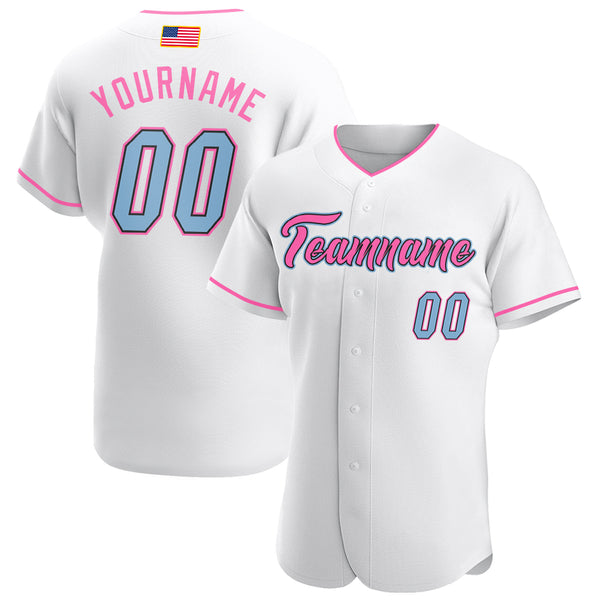 Custom White Light Blue-Pink Authentic American Flag Fashion Baseball Jersey Custom White Light Blue-Pink Authentic American Flag Fashion Baseball Jersey