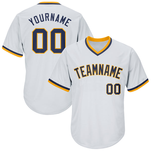 Custom White Navy-Gold Authentic Throwback Rib-Knit Baseball Jersey Shirt Custom White Navy-Gold Authentic Throwback Rib-Knit Baseball Jersey Shirt