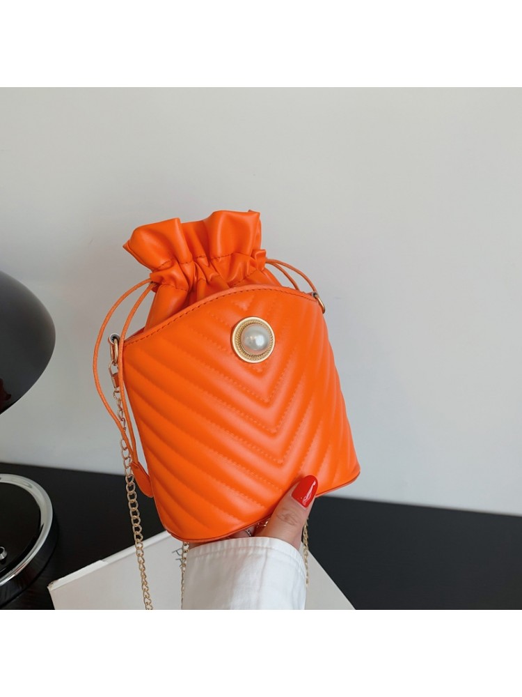 Women PU Solid Color Chain Drawstring Bucket Bag