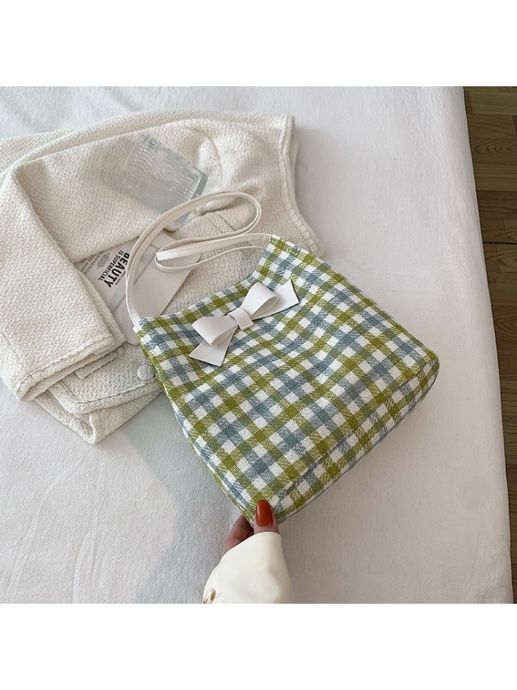Bow Contrast Color Plaid Canvas Tote Bags