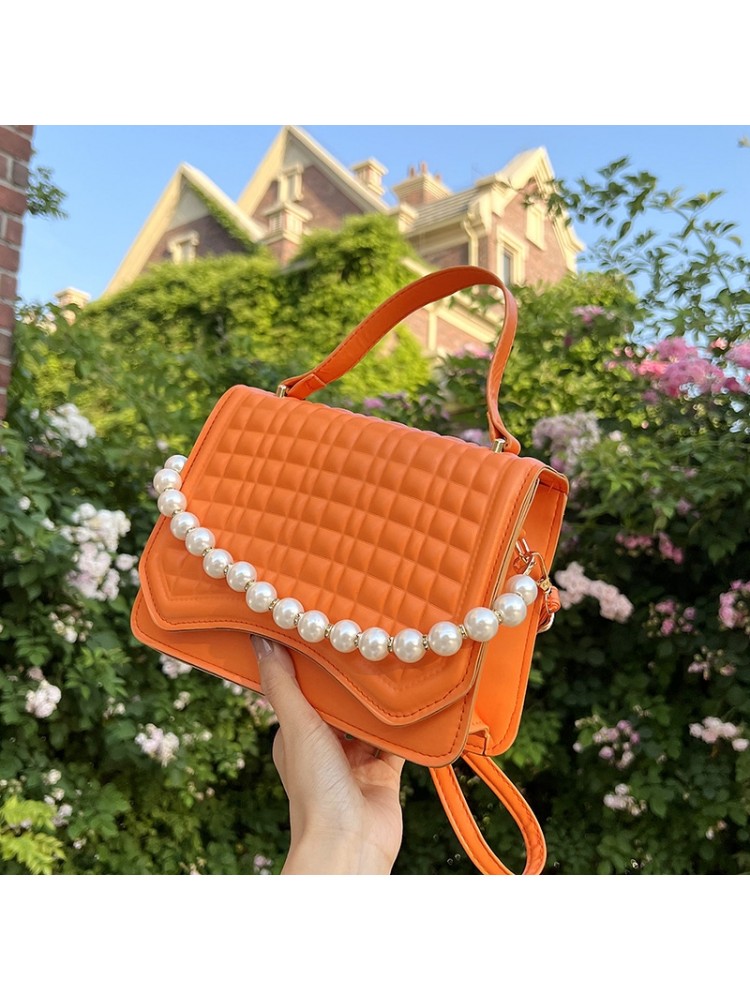 Ladies Rhinestone Faux Pearl Solid Grid White Shoulder Bags