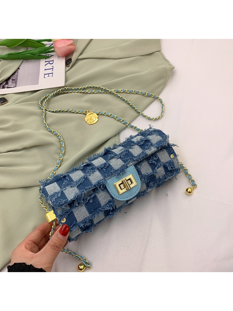 Designer Denim Grid Tassel Shoulder Bags