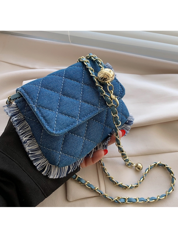 Designer Denim Rhombus Lattice Tassel Cross Belt Shoulder Bags