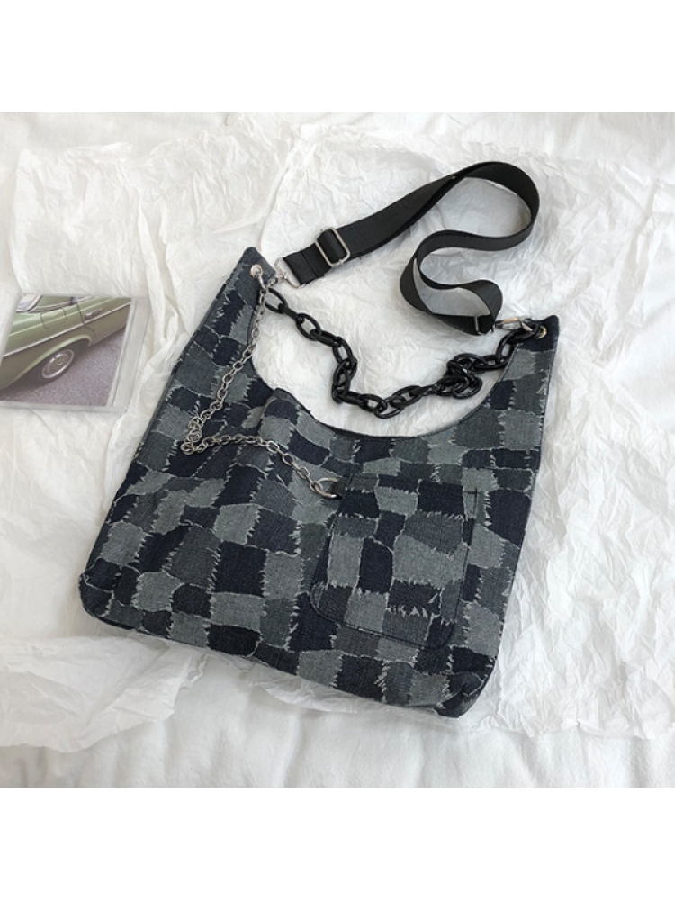 Designer School Color Blocking Denim Tote Bag