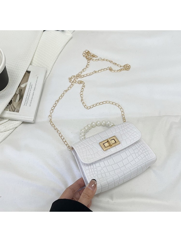 Korean PU Crocodile Print Faux Pearl Cross-Body Bag