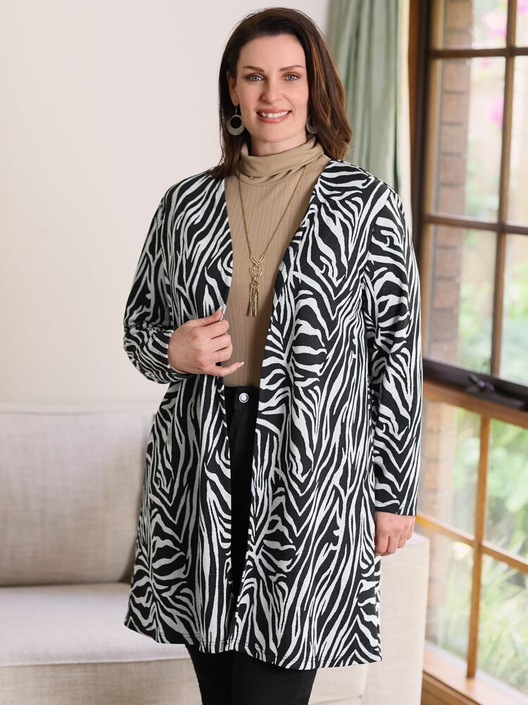 Plus Zebra Striped Open Front Coat