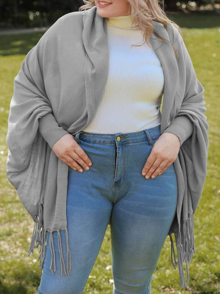 Plus Fringe Trim Dolman Sleeve Duster Cardigan