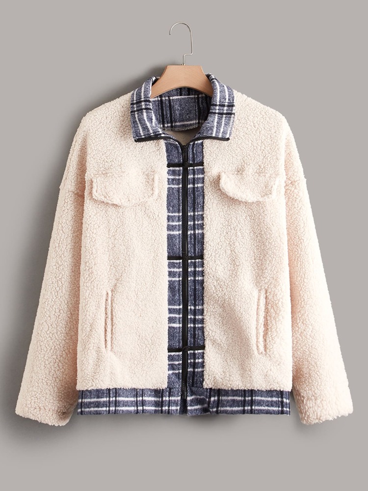 Contrast Plaid Drop Shoulder 2 In 1 Fleece Coat