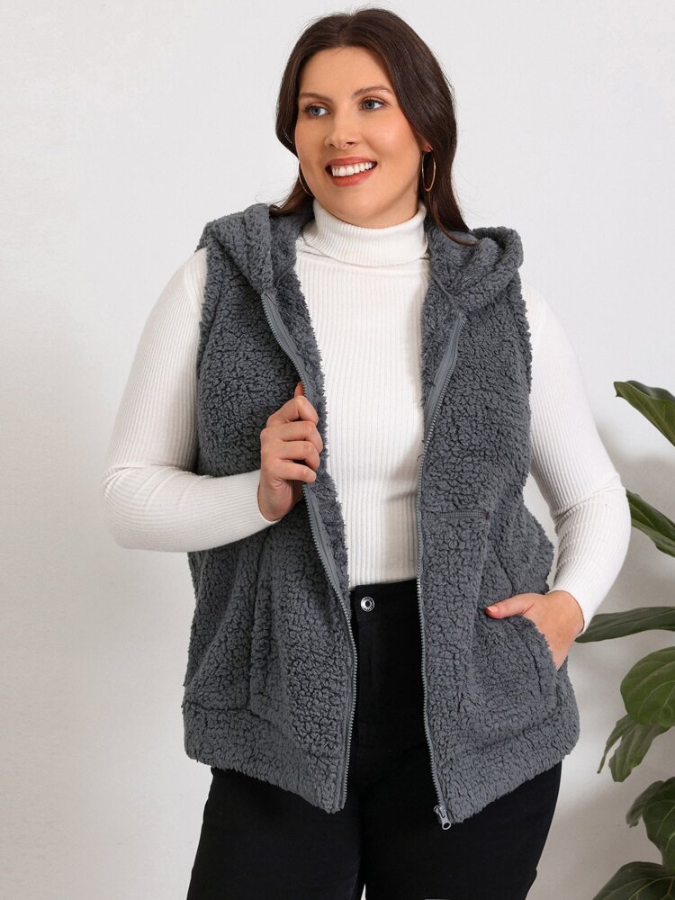 Plus Zip Up Hooded Vest Coat