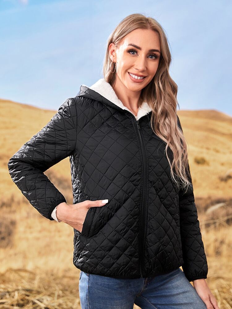 Slant Pockets Teddy Lined Hooded Argyle Quilted Coat