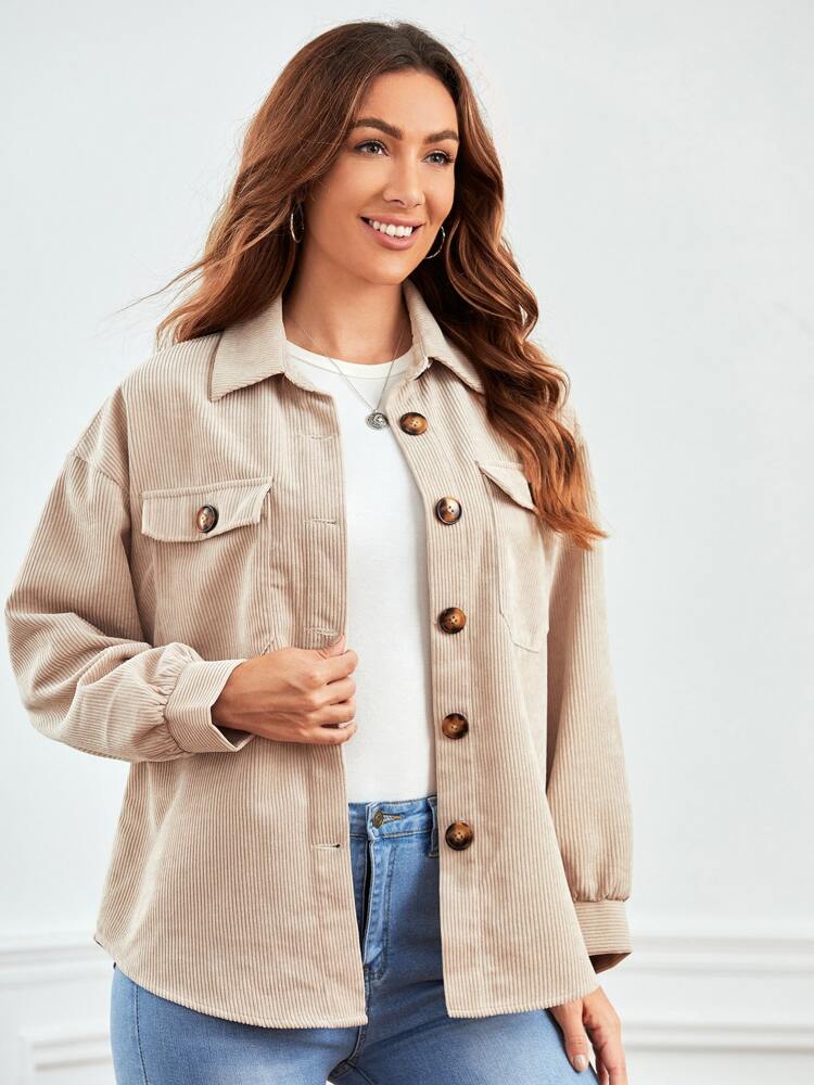 Flap Pocket Drop Shoulder Corduroy Coat