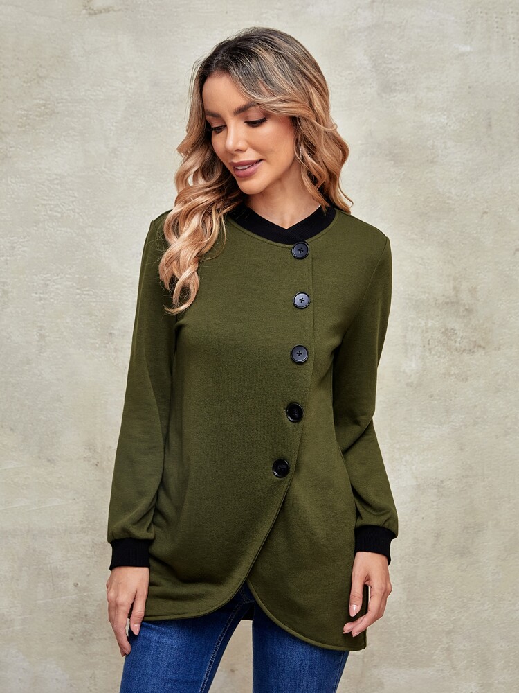 Contrast Collar Button Front Coat