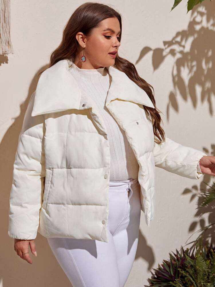 Plus Snap Button Slant Pocket Puffer Coat