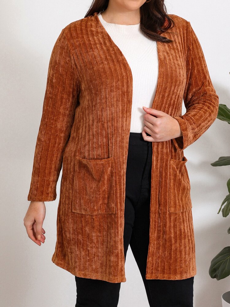 Plus Double Pocket Open Front Corduroy Coat