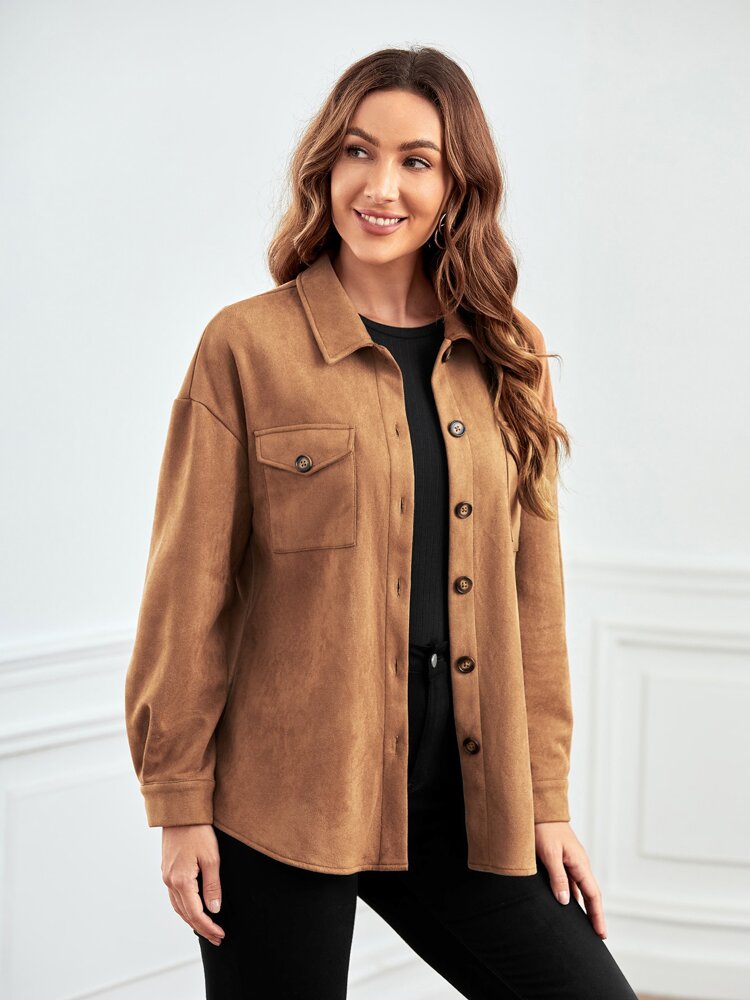 Flap Pocket Drop Shoulder Suede Coat