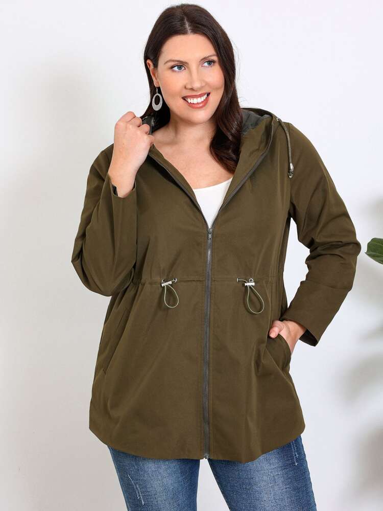 Plus Drawstring Waist Hooded Coat
