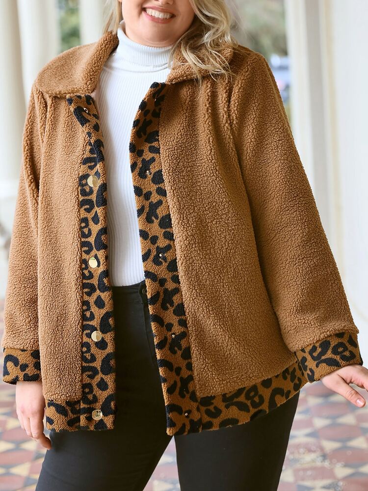 Plus Leopard Pattern Button Front Fleece Coat