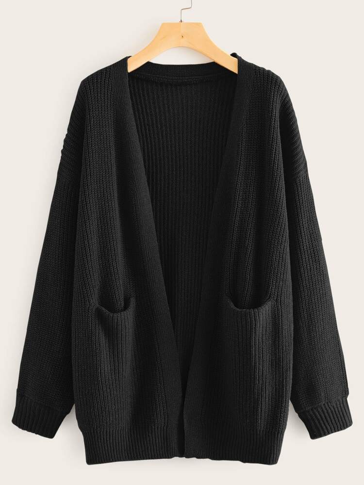 Ribbed Knit Drop Shoulder Dual Pockets Cardigan