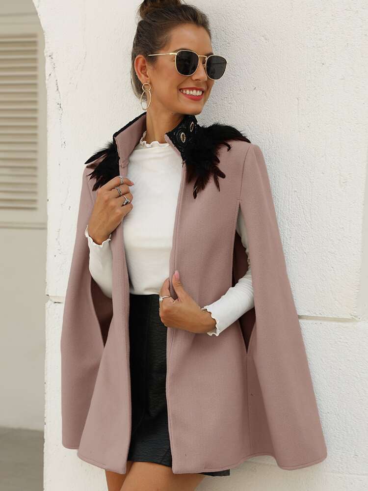 Contrast Feather Tweed Cape Coat