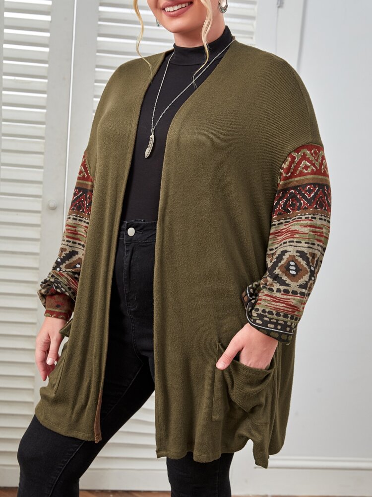 Plus Geo Print Dual Pocket Drop Shoulder Coat