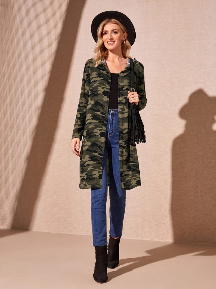 Open Front Camo Print Hooded Coat