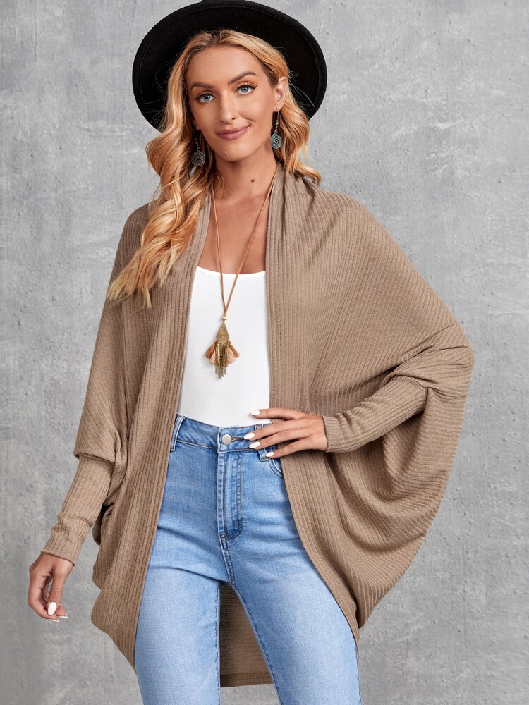 Batwing Sleeve Rib-knit Open Front Coat