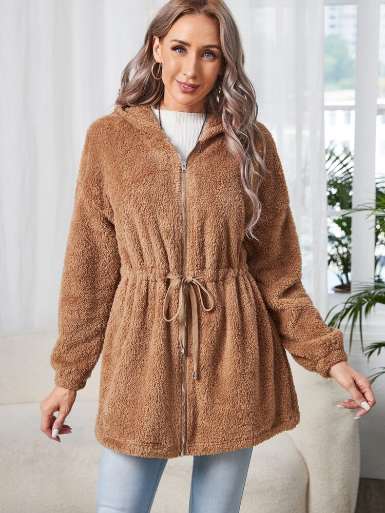 Zip Up Drawstring Waist Teddy Coat