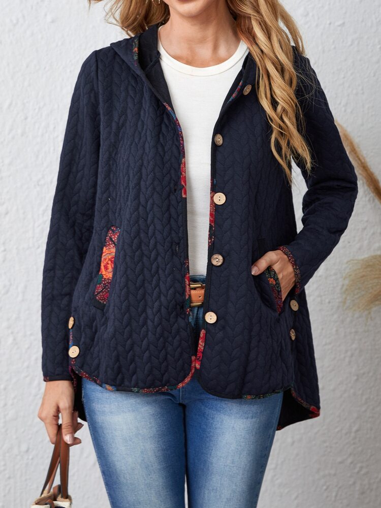 Contrast Binding Button Through Hooded Coat