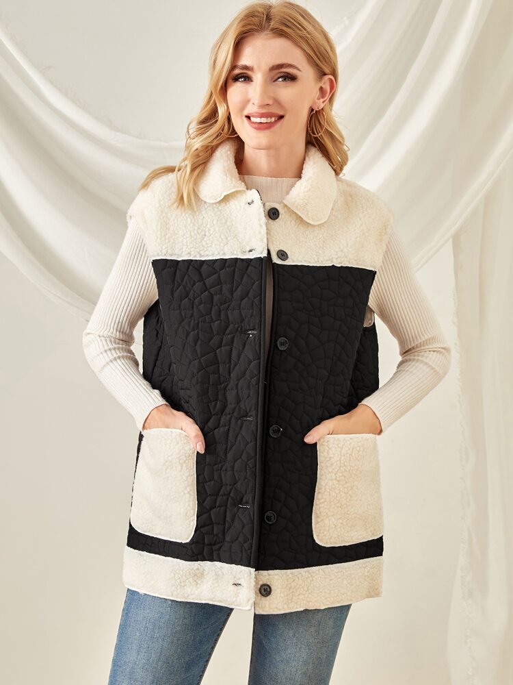 Color Block Double Pocket Vest Coat