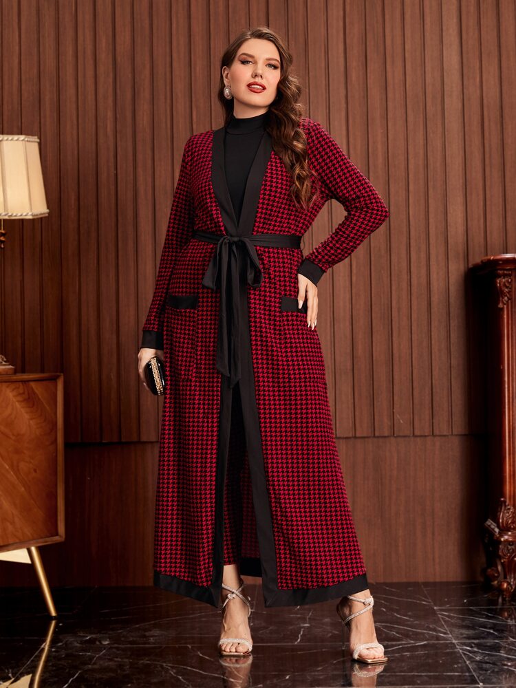 Plus Pocket Patched Belted Houndstooth Coat & Leggings Set