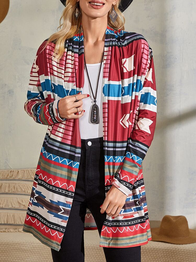 Geo & Striped Print Open Front Coat