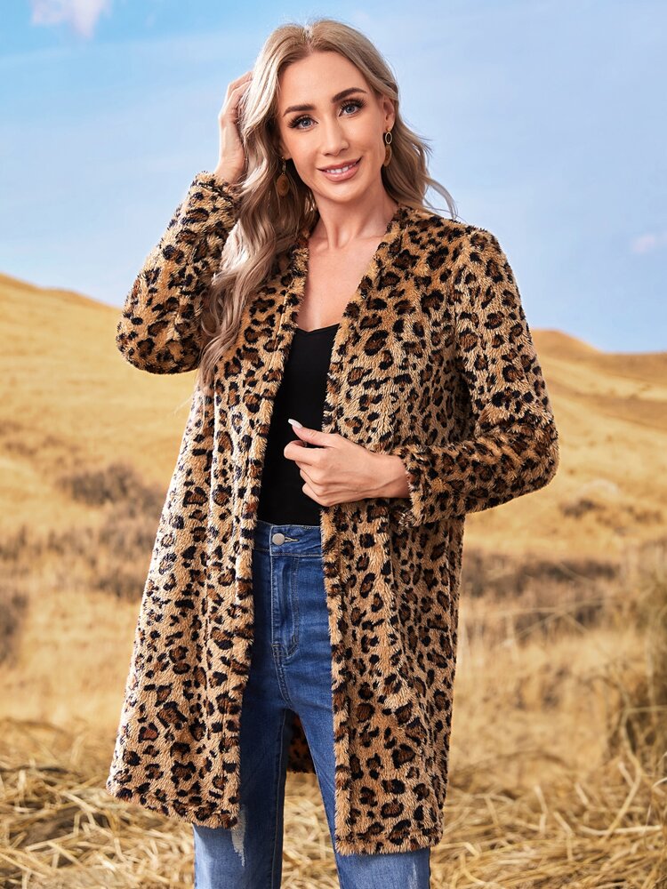 Leopard Pattern Open Front Flannel Coat