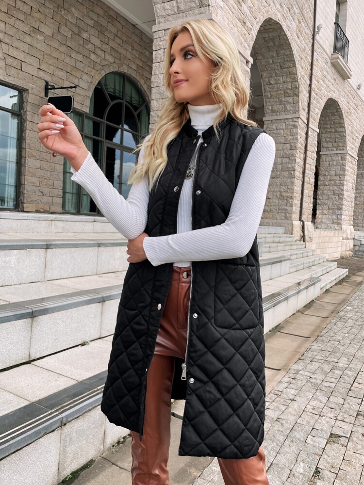 Zip Up Snap Button Quilted Vest Coat