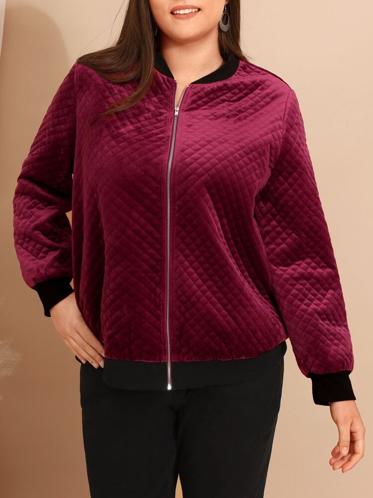 Plus Baseball Collar Zipper Quilted Coat