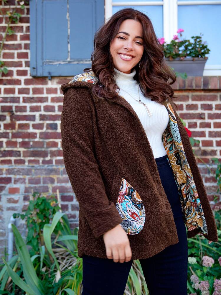 Plus Single Breasted Hooded Teddy Coat