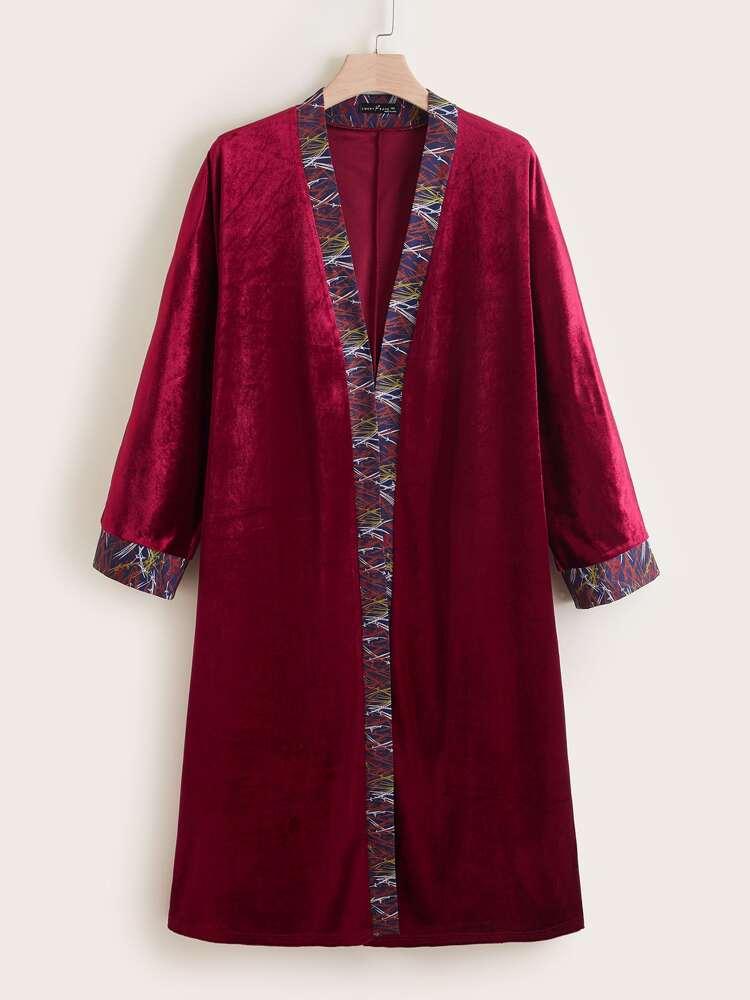 Plus Contrast Graphic Print Trim Open Front Velvet Coat